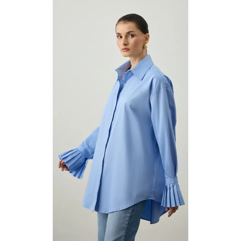 Pile Detaylı Oversize Gömlek Mavi