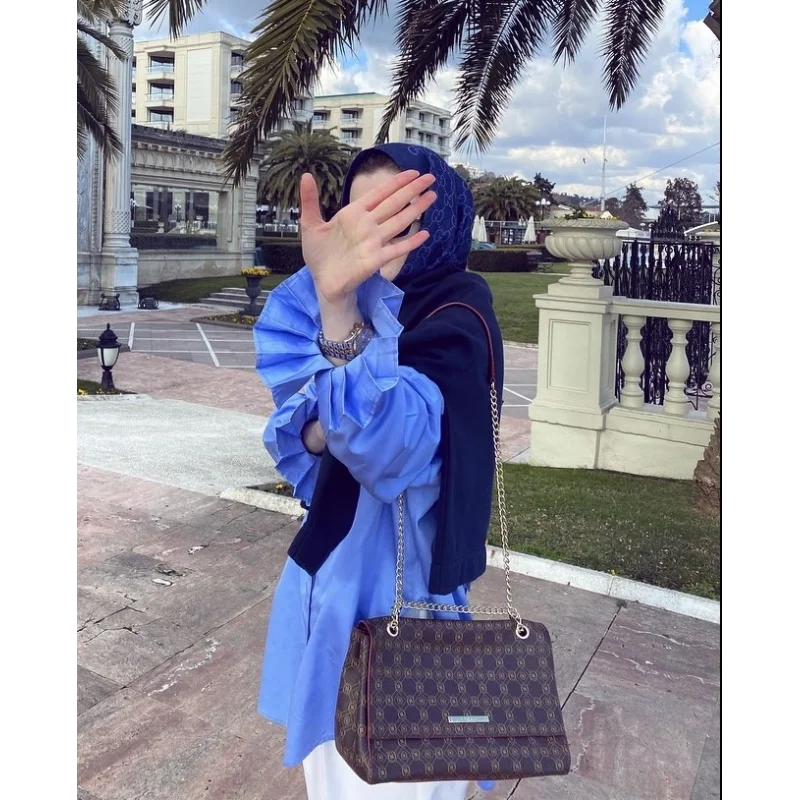 Pile Detaylı Oversize Gömlek Mavi