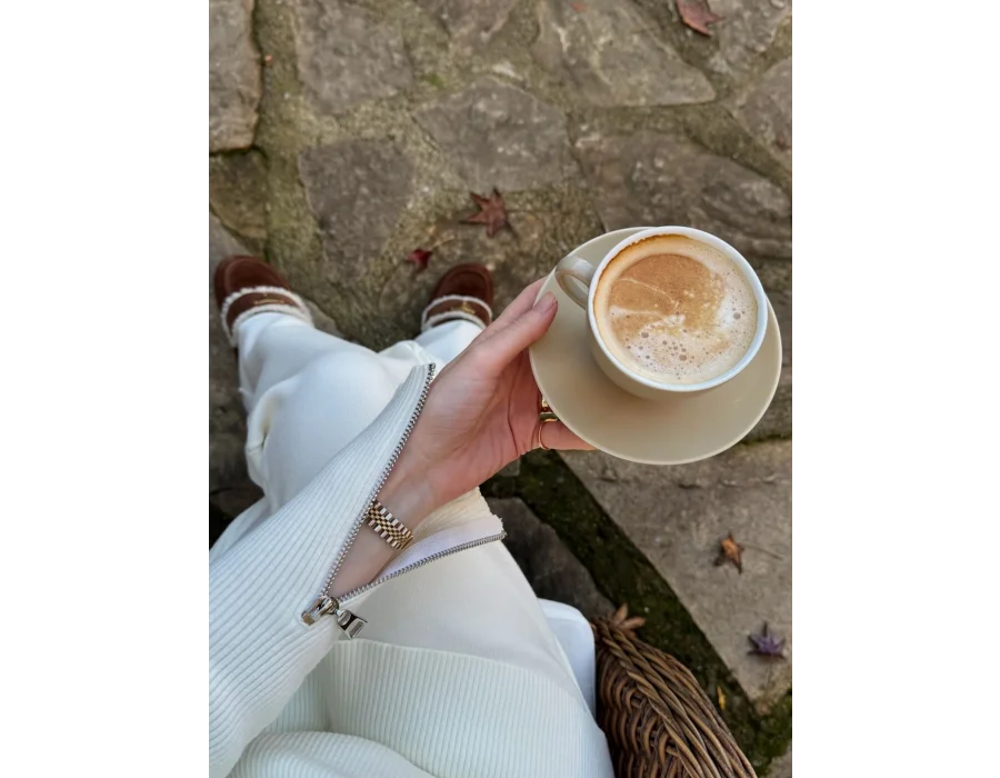 Fermuar ve Nervür Detaylı Triko Takım Ekru