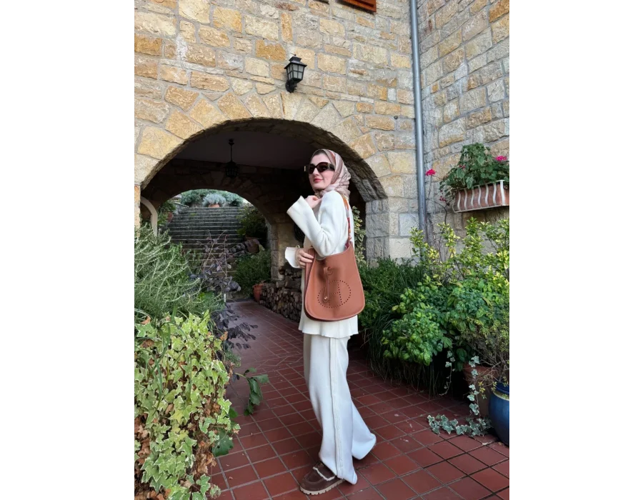 Fermuar ve Nervür Detaylı Triko Takım Ekru