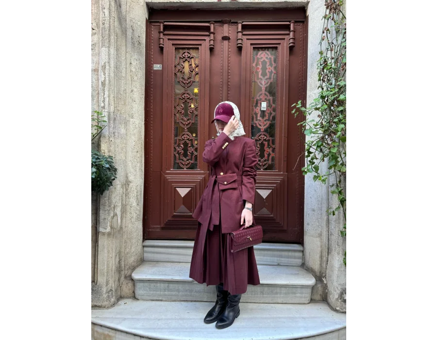 Kuşağı Cep Detaylı Blazer Ceket - Bordo