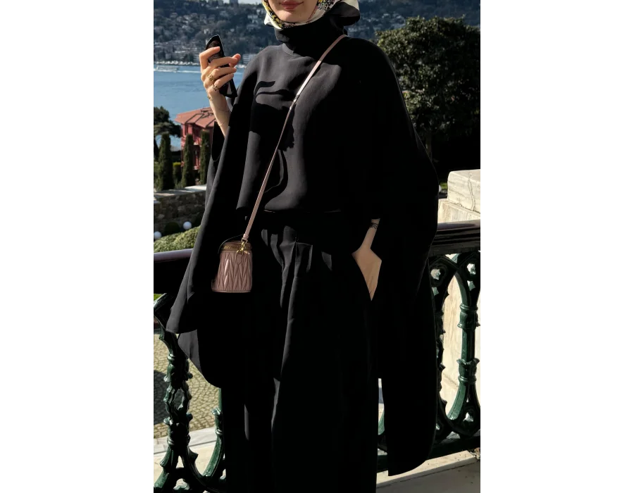 Palazzo Pantolonlu Pelerin Takım - Siyah