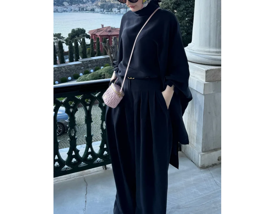 Palazzo Pantolonlu Pelerin Takım - Siyah