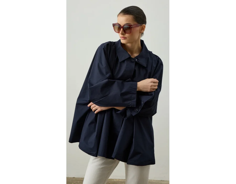 Çıkarılabilir Kürk Yaka Detaylı Kısa Trençkot - Lacivert