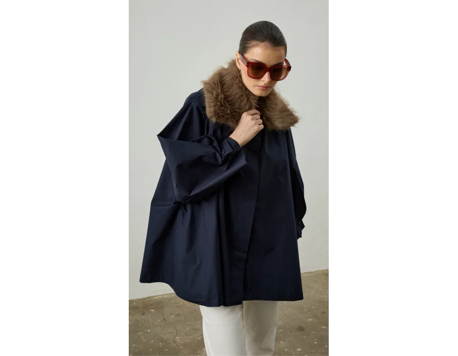 Çıkarılabilir Kürk Yaka Detaylı Kısa Trençkot - Lacivert