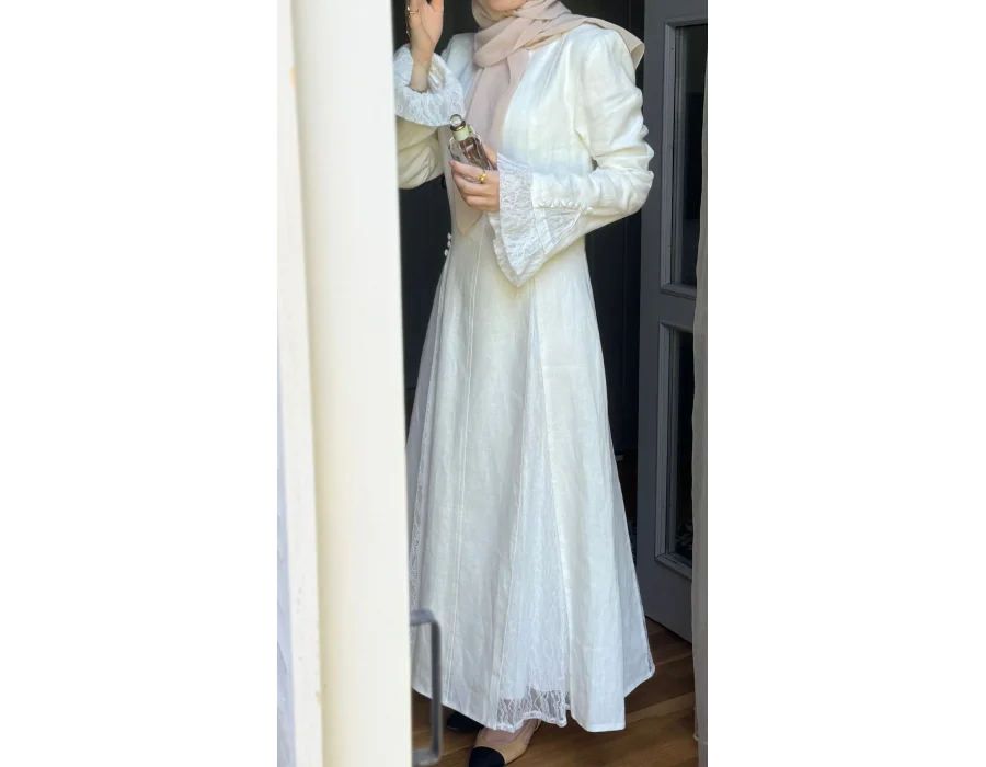 Dantel Detaylı Parçalı Saf Keten Elbise