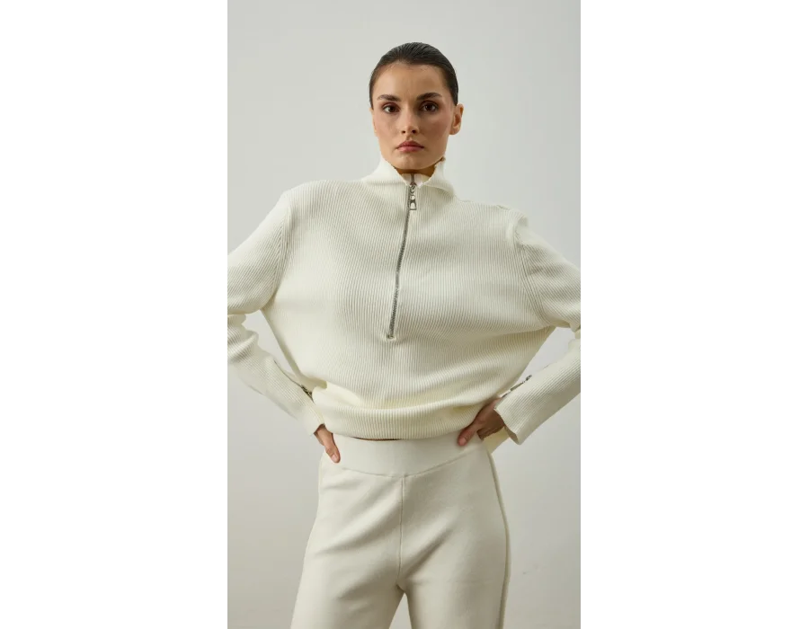 Fermuar ve Nervür Detaylı Triko Takım Ekru