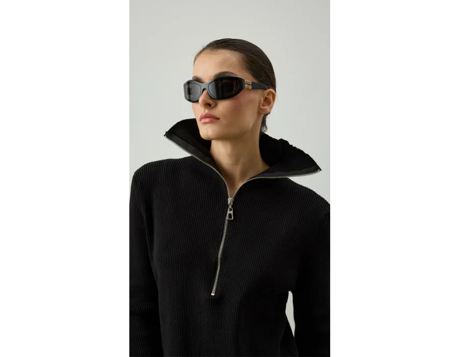 Fermuar ve Nervür Detaylı Triko Takım Siyah