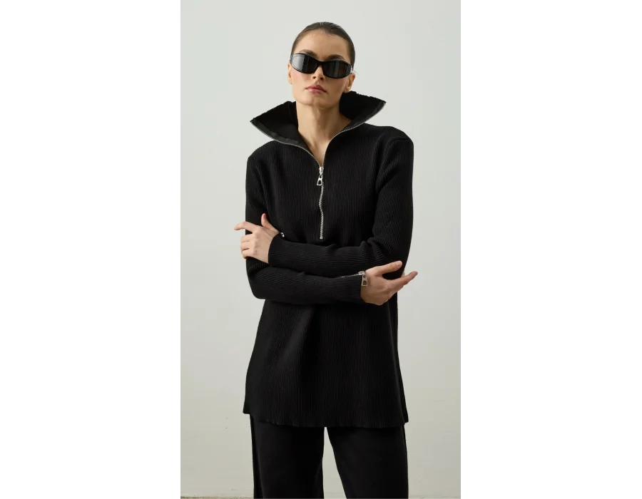 Fermuar ve Nervür Detaylı Triko Takım Siyah