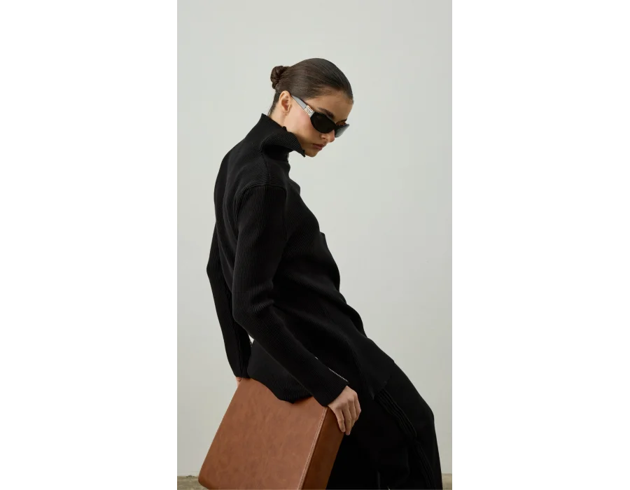 Fermuar ve Nervür Detaylı Triko Takım Siyah