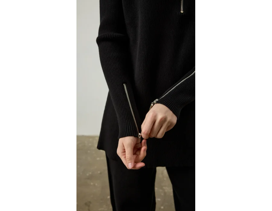 Fermuar ve Nervür Detaylı Triko Takım Siyah