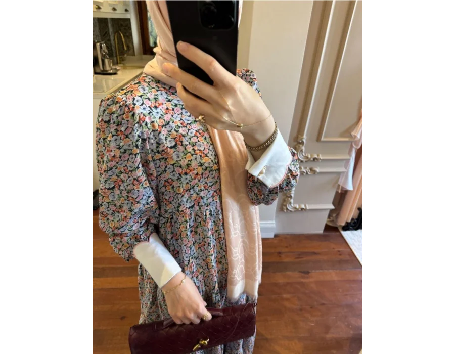 Manşet Detaylı Viskon Elbise Floral