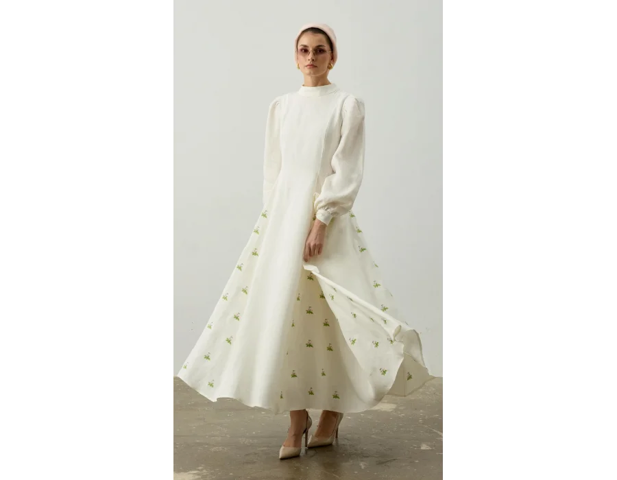 Nakış Detaylı Saf Keten Kloş Elbise