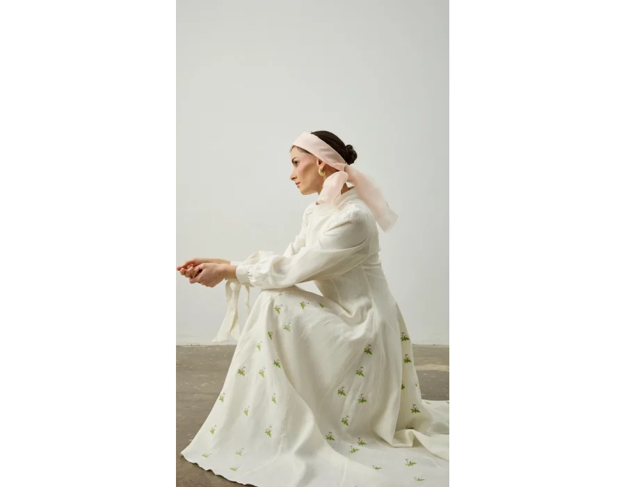 Nakış Detaylı Saf Keten Kloş Elbise