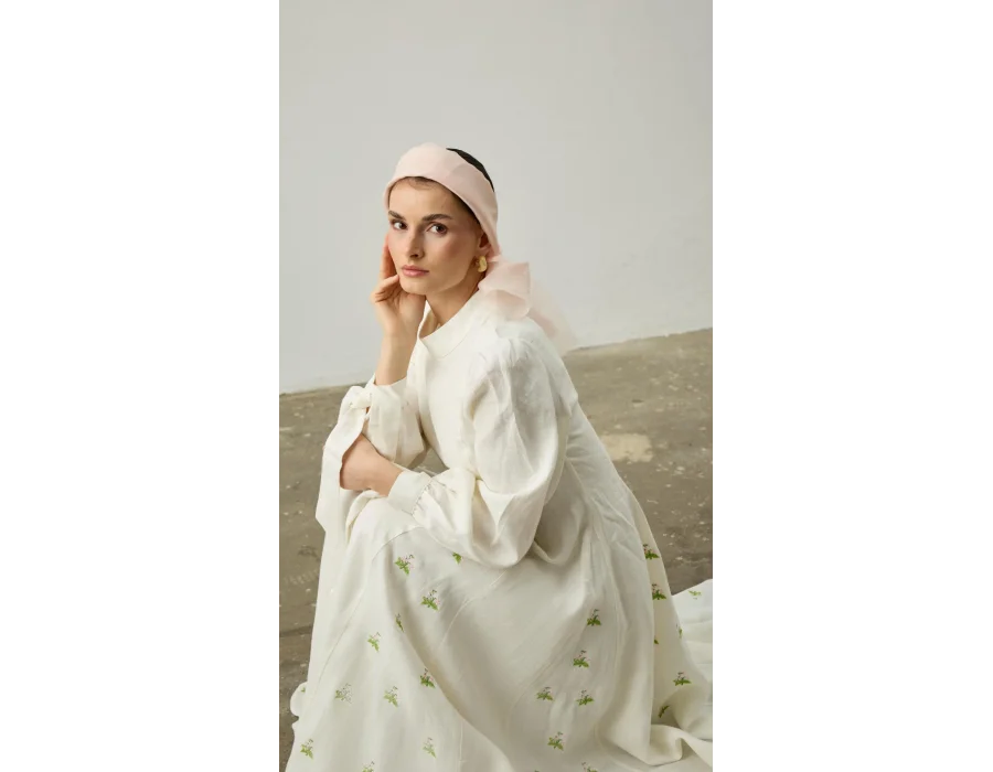 Nakış Detaylı Saf Keten Kloş Elbise