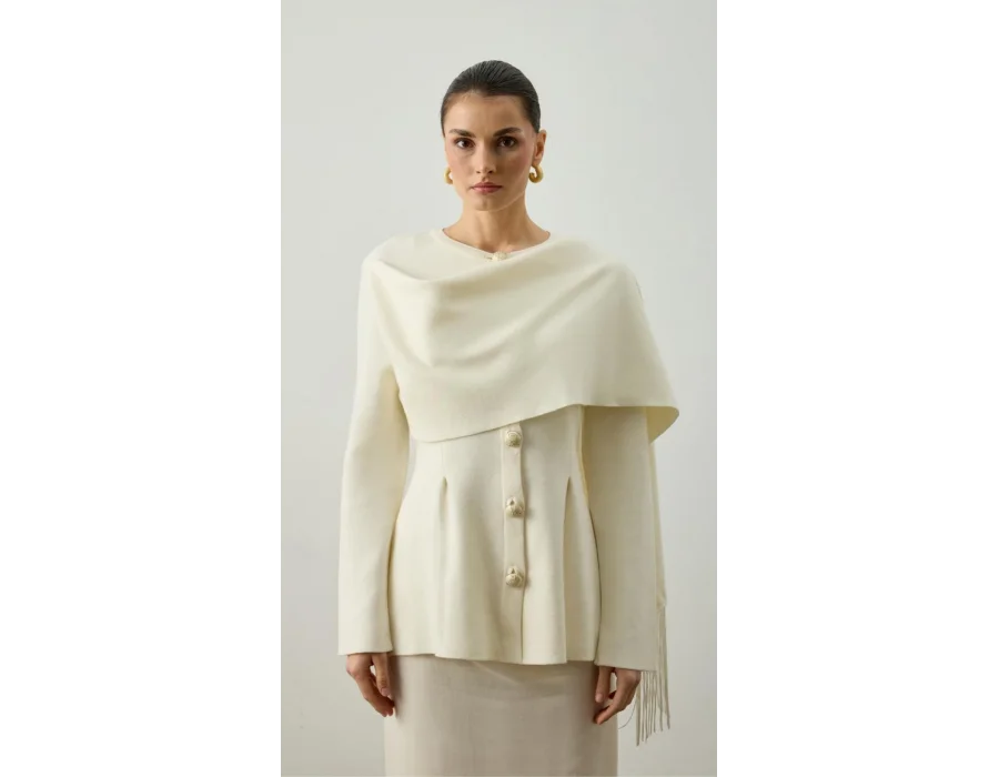 Omzu Püskül Şal Detaylı Triko Hırka - Ekru