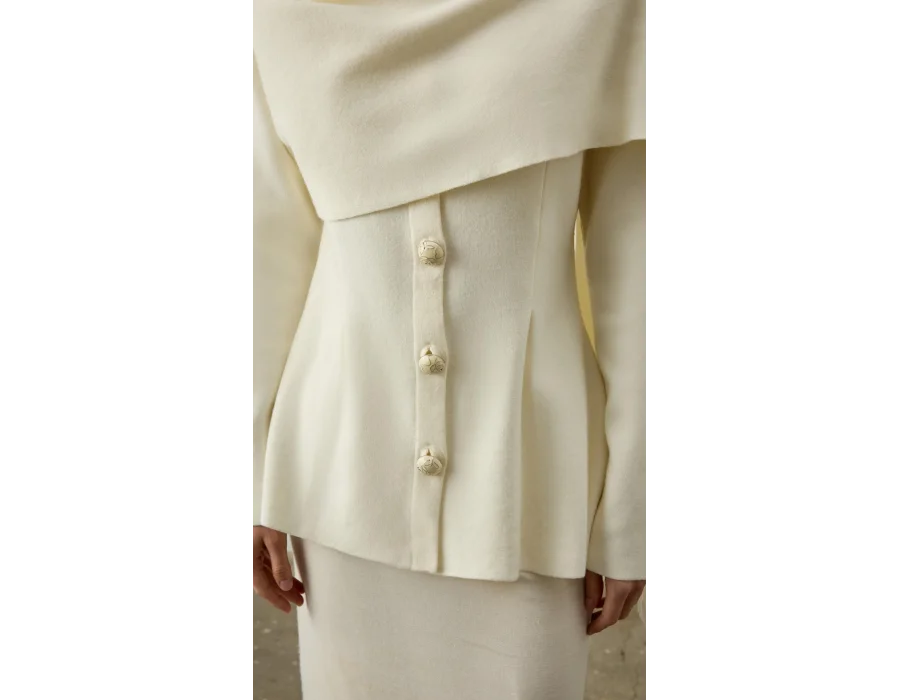 Omzu Püskül Şal Detaylı Triko Hırka - Ekru