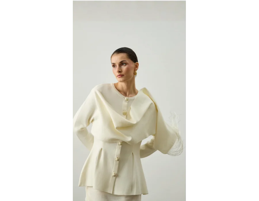 Omzu Püskül Şal Detaylı Triko Hırka - Ekru