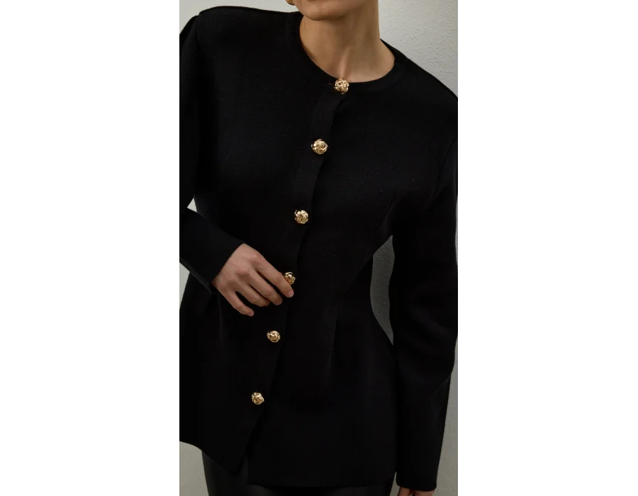 Omzu Püskül Şal Detaylı Triko Hırka - Siyah