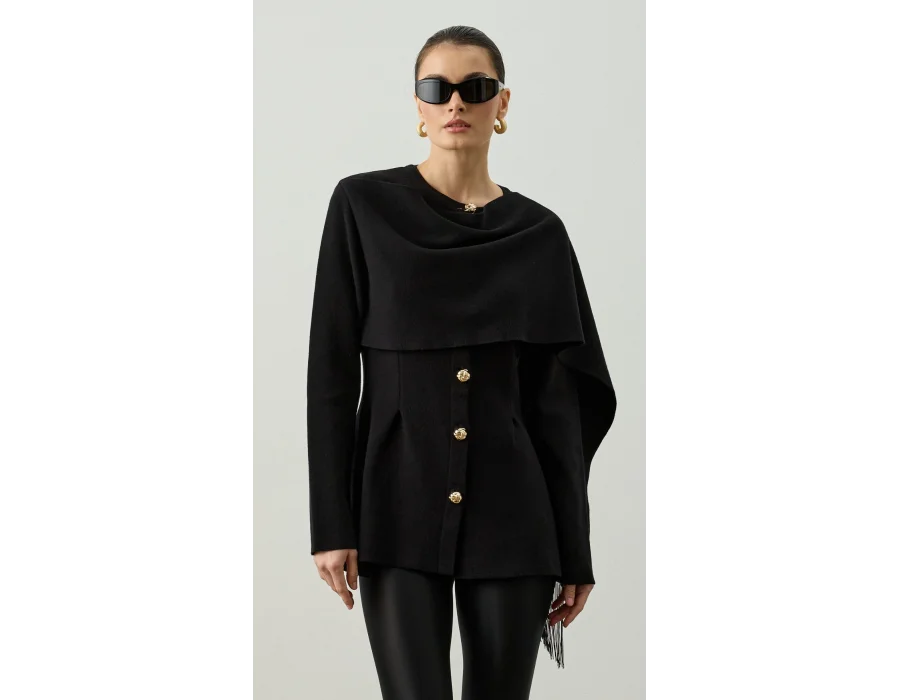 Omzu Püskül Şal Detaylı Triko Hırka - Siyah