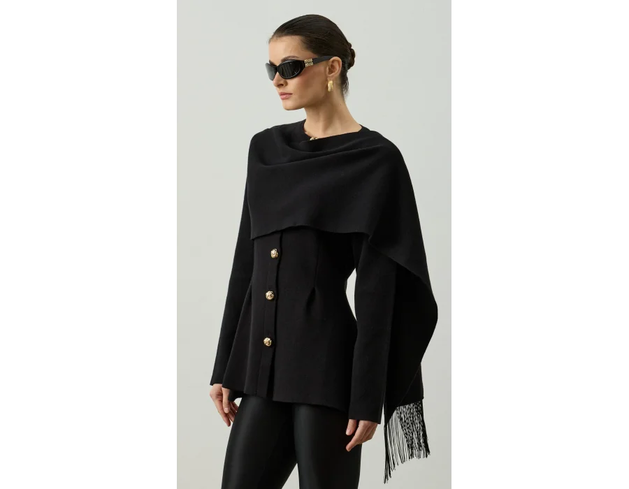 Omzu Püskül Şal Detaylı Triko Hırka - Siyah