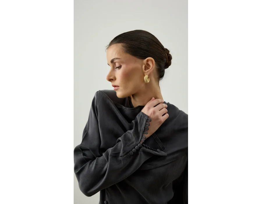 Omzu Şal Detaylı Cupro Elbise Antrasit