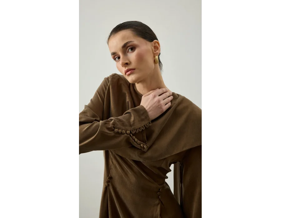 Omzu Şal Detaylı Cupro Elbise Haki