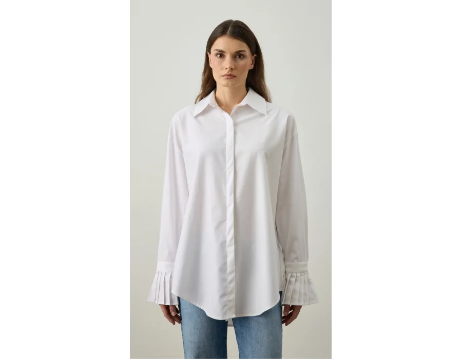 Pile Detaylı Oversize Gömlek Beyaz