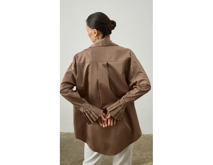 Pile Detaylı Oversize Gömlek Kahverengi