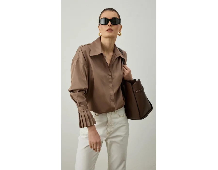 Pile Detaylı Oversize Gömlek Kahverengi