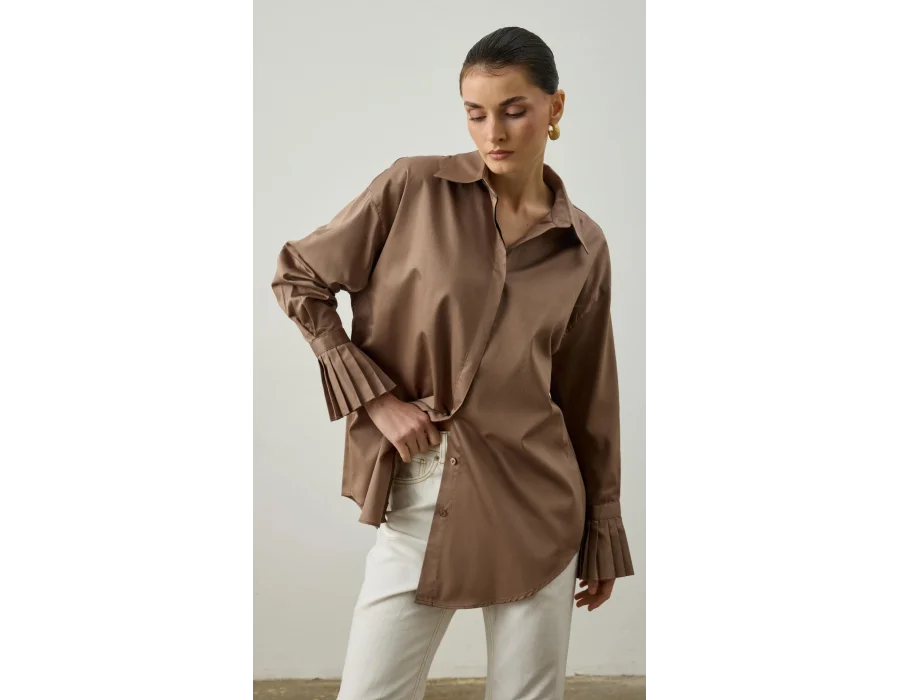 Pile Detaylı Oversize Gömlek Kahverengi