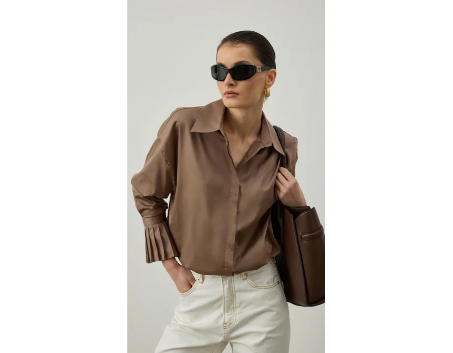 Pile Detaylı Oversize Gömlek Kahverengi
