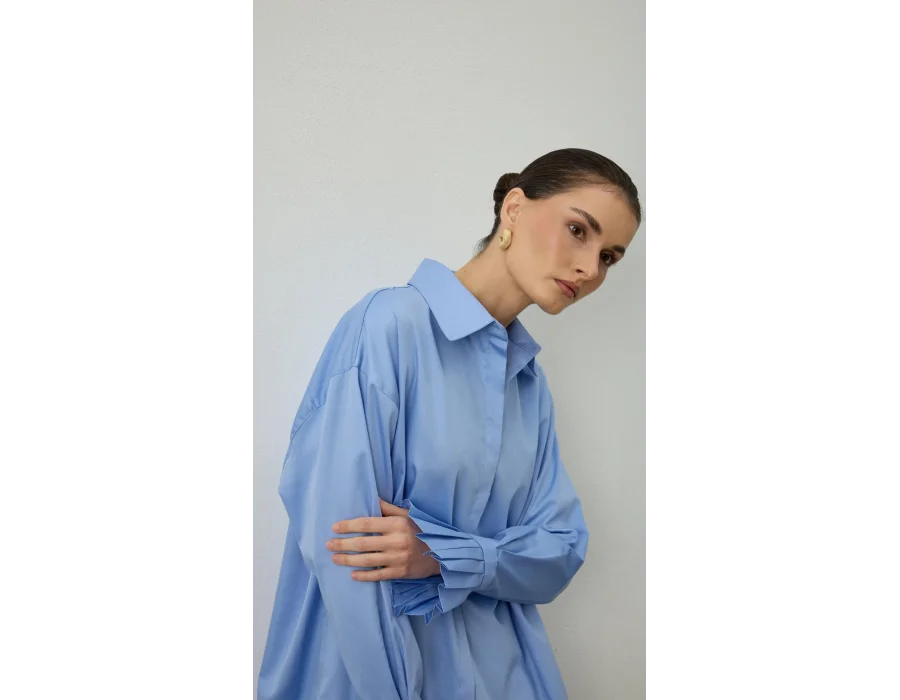 Pile Detaylı Oversize Gömlek Mavi