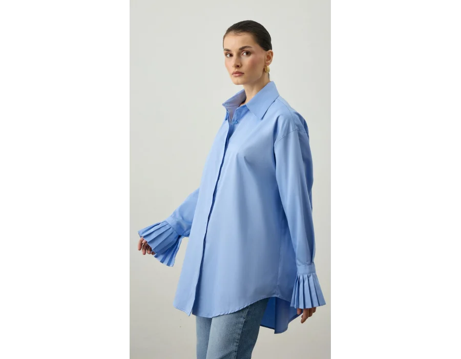Pile Detaylı Oversize Gömlek Mavi