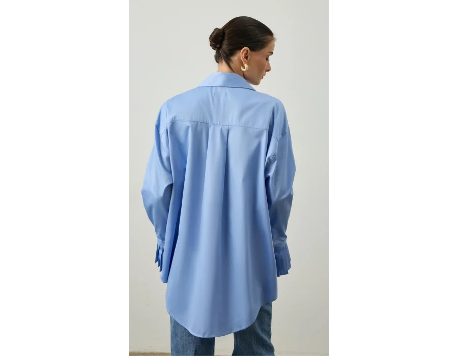 Pile Detaylı Oversize Gömlek Mavi