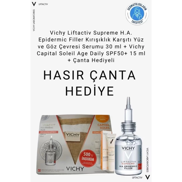 Vichy Liftactiv Supreme H.A. Epidermic Filler Kırışıklık Karşıtı Yüz Serumu 30 ml+ Vichy Capital Soleil SPF50+ 15 ml Çantalı