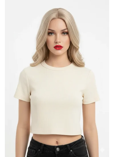 Crop Kısakollu Body Ekru Renk