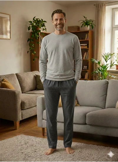 Pijalüx Tek Alt Örme Ekose Ev Pantolonu