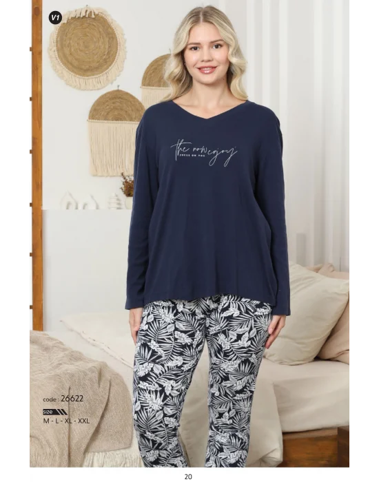 Limissi kadın v yaka Üstü Lacivert pijama takımı 26622