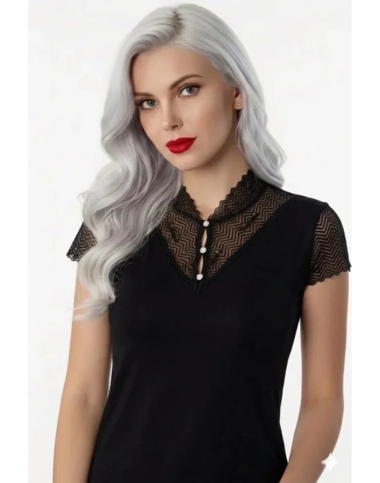 B641 ŞAHİNLER DÜĞMELİ DANTELLİ BLUZ
