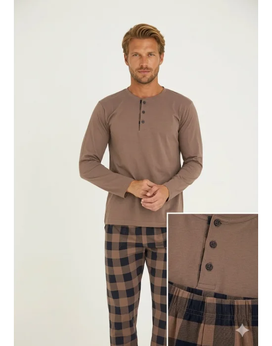 Kly Erkek Pijama takımı Kahve rengi 9221 |yoncatoptan
