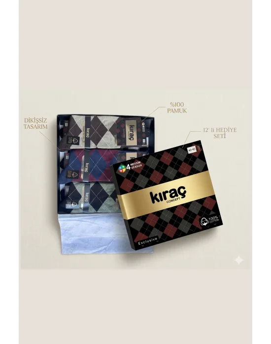 Kıraç Concept Exclusive Ekose Desenli Pamuklu Burun Dikişsiz Erkek Çorap Bileği Sıkmayan Lastik 12 Adet