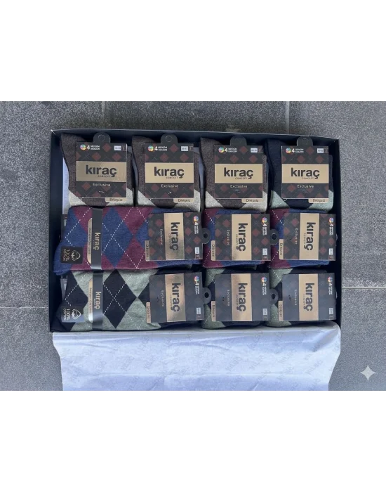 Kıraç Concept Exclusive Ekose Desenli Pamuklu Burun Dikişsiz Erkek Çorap Bileği Sıkmayan Lastik 12 Adet
