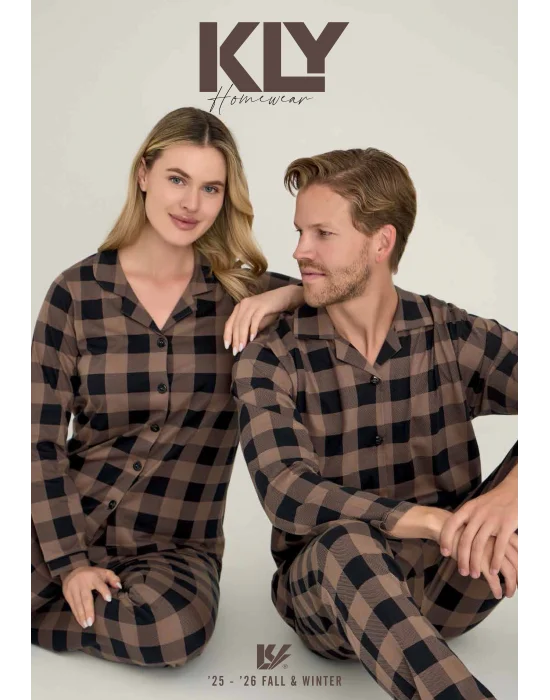 KLY Kadın Kareli Önden Düğmeli Mürdüm Kışlık Pijama 9205