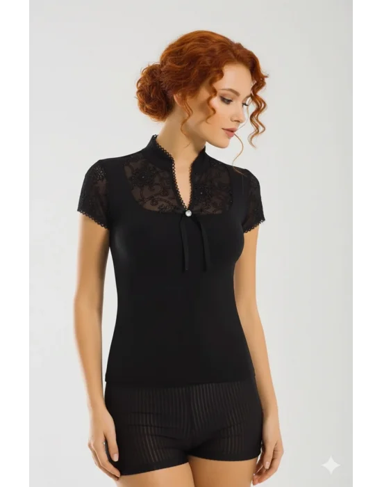Berrak Dantelli Yarım Kollu Kadın Bluz Elestan