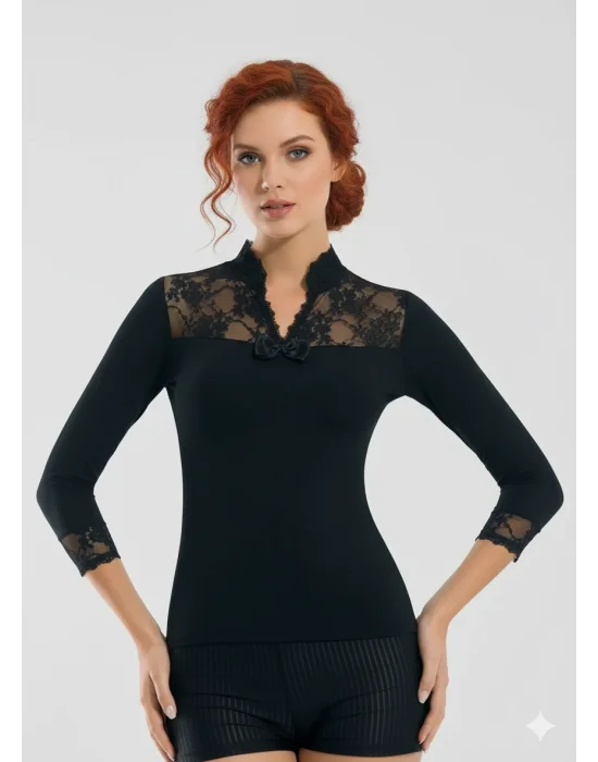 Geniş Dantelli Patlı Uzun Kollu Elestan Bluz 2176