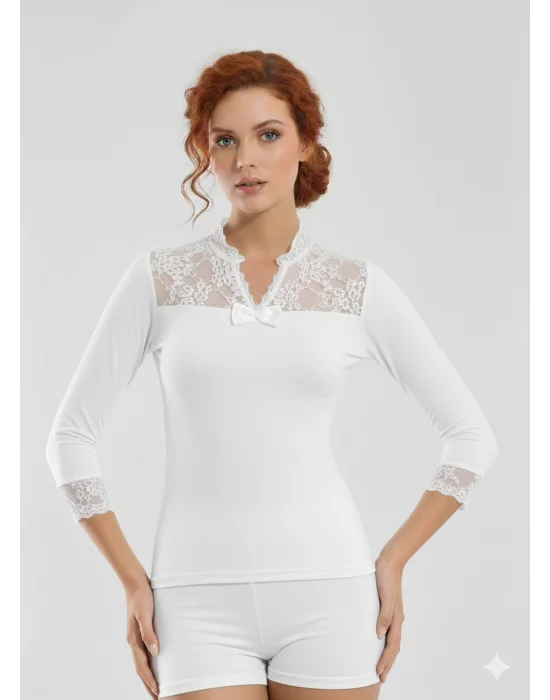 Geniş Dantelli Patlı Uzun Kollu Elestan Bluz 2176