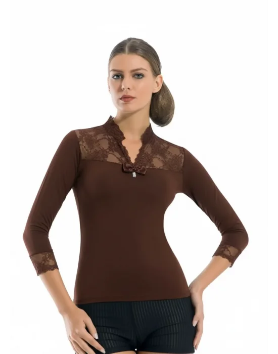 Wide Lace Embroidered Long Sleeve Elastane Blouse 2176