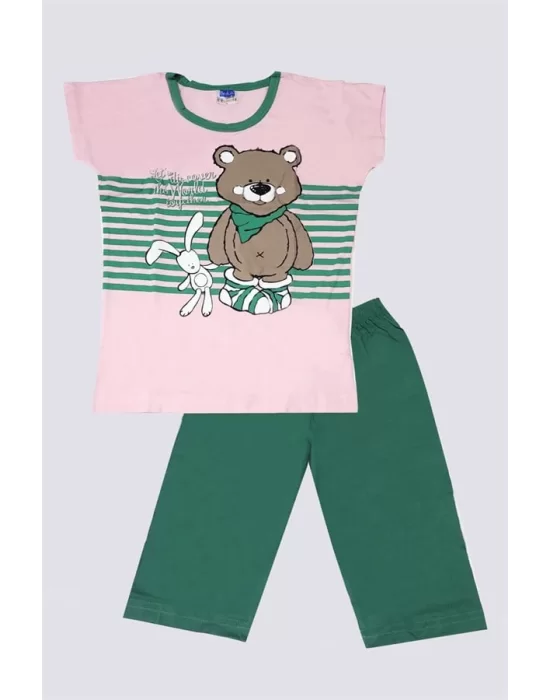 Girls Teddy Bear Patterned Top and Bottom Pajama Set