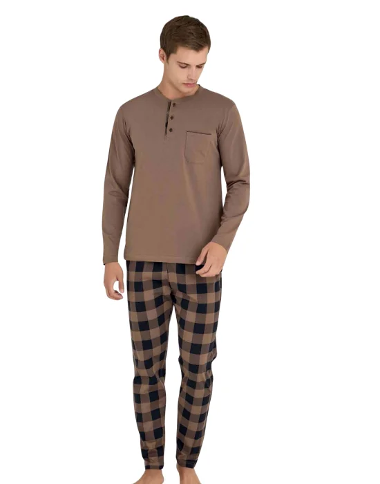 KLY Battal Erkek Kışlık Pijama Takımı Nescafe Rengi 9108 % 100 Pamuk